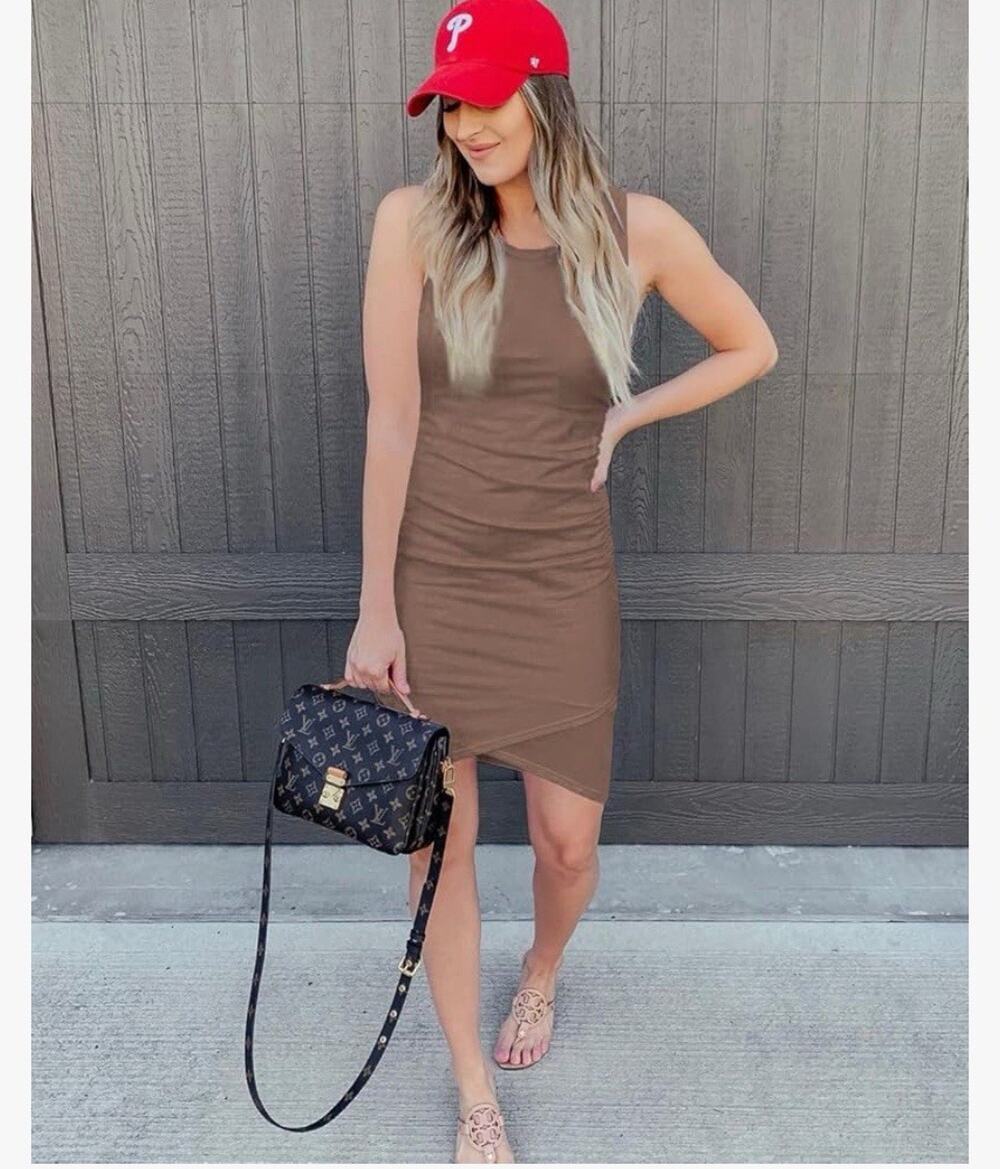 BTFBM Ruched Sleeveless Tank Bodycon Dress Sz Medium Cafe Brown Casual Chic New